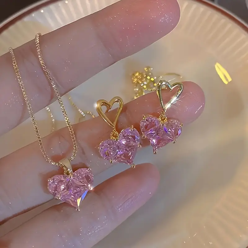 Elegant 3pcs Jewelry Set with Sparkling Purple Heart Zirconia - Includes Necklace & Earrings, Stainless Steel Posts