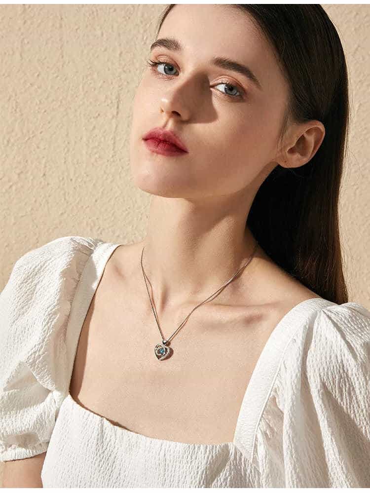 925 Sterling Silver Heart Shaped Necklace Stylish Jewelry Sparkling Heart Design Paved Shining Zirconia Blue