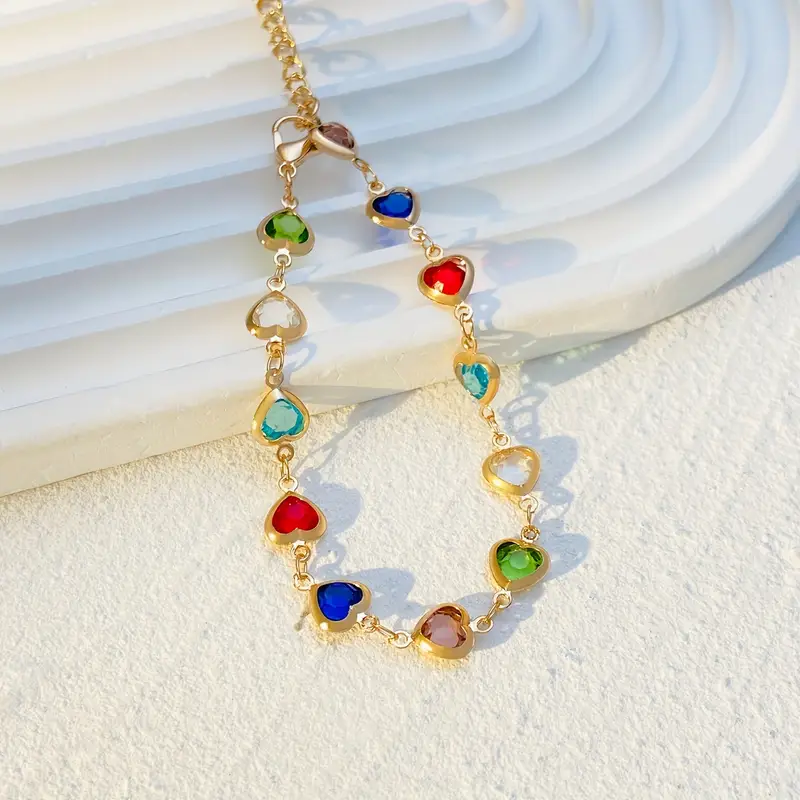 A Stylish Colorful Sparkling Zirconia Heart Bracelet Exquisitely Handmade Beaded Bracelet For Ladies And Girls, Suitable For Daily Parties