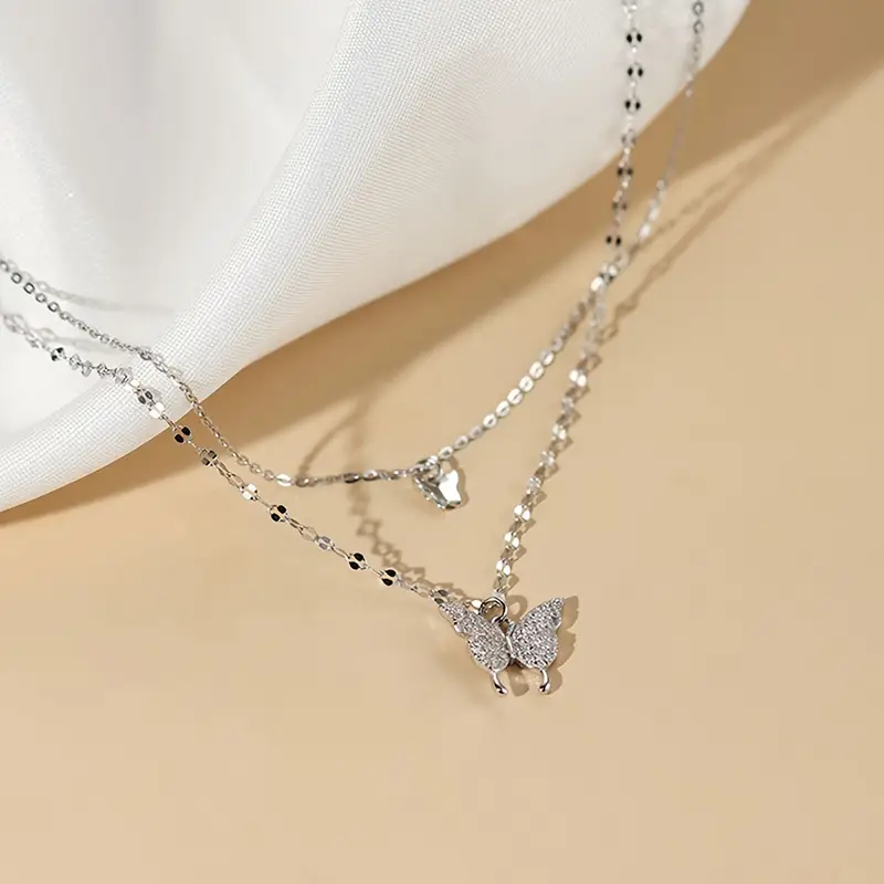 Women's Double-Layer Necklace With Butterfly Pendant, Vintage & Simple Style Elegant Jewelry Accessory