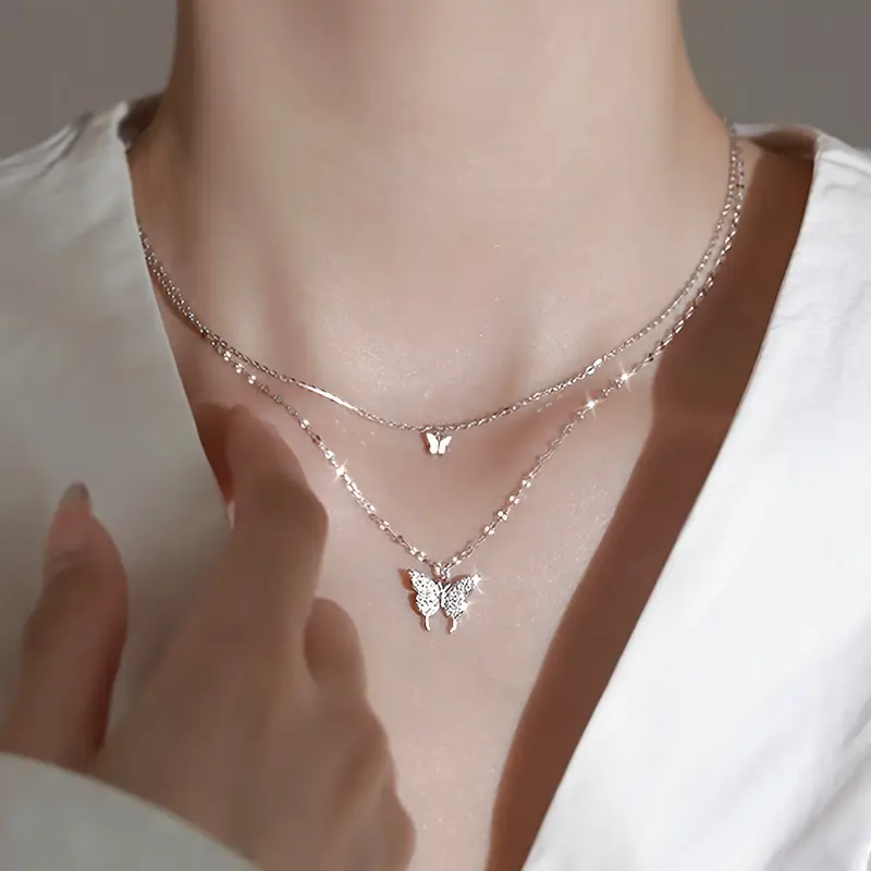 Women's Double-Layer Necklace With Butterfly Pendant, Vintage & Simple Style Elegant Jewelry Accessory