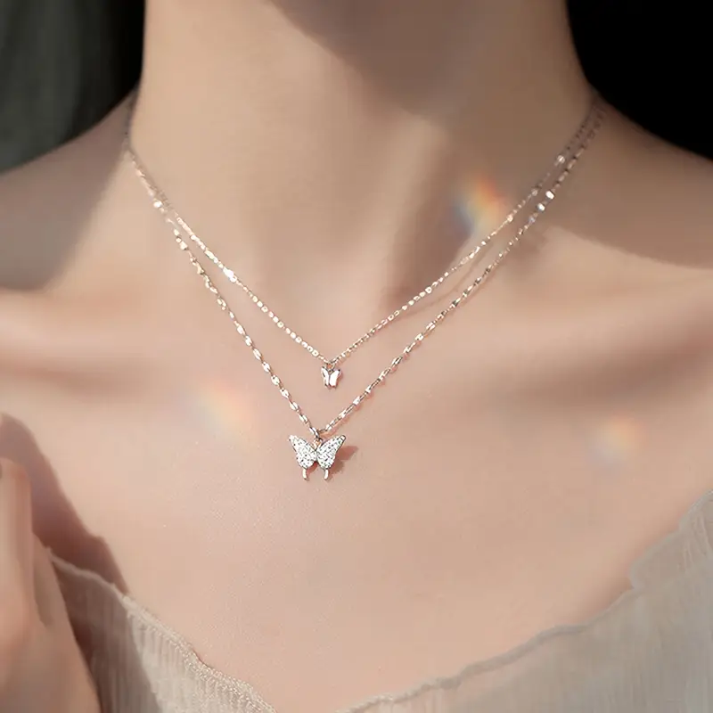 Women's Double-Layer Necklace With Butterfly Pendant, Vintage & Simple Style Elegant Jewelry Accessory