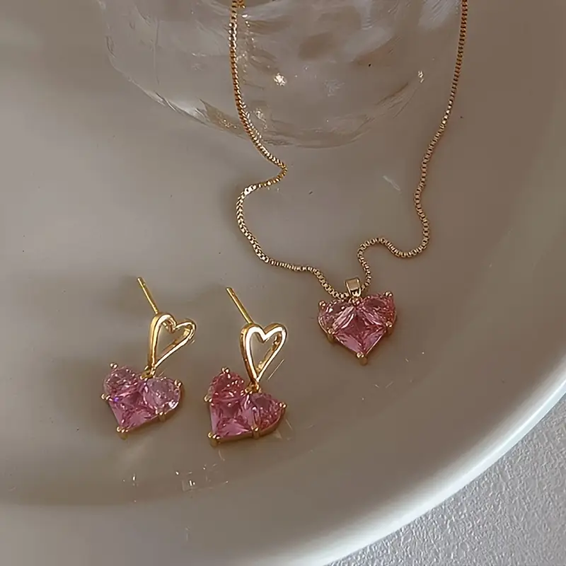 Elegant 3pcs Jewelry Set with Sparkling Purple Heart Zirconia - Includes Necklace & Earrings, Stainless Steel Posts